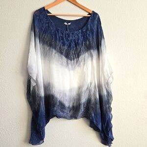 Blue and White Tie Dye Sheer Poncho Top Fully Lined 100% Silk